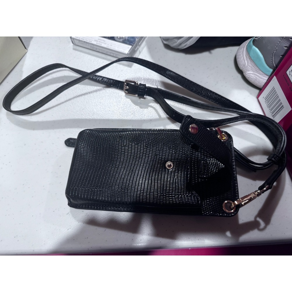 Black Lizard Embossed Crossbody Wallet Phone Bag with Adjustable Strap